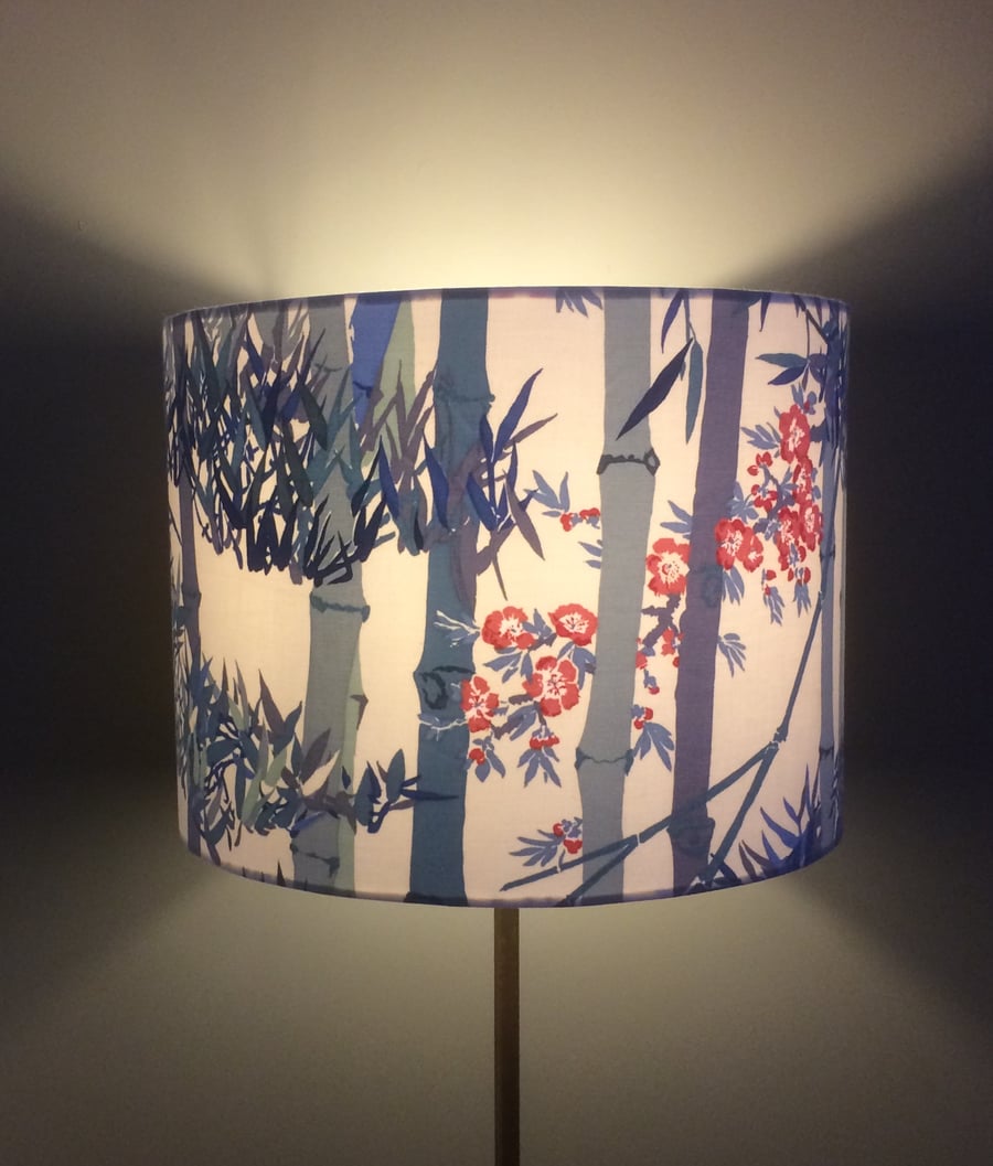 Bamboo Oriental Chinoiserie Blue and Red Lampshade in 70s 80s vintage fabric