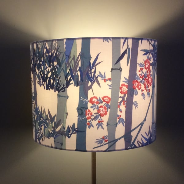 Bamboo Oriental Chinoiserie Blue and Red Lampshade in 70s 80s vintage fabric