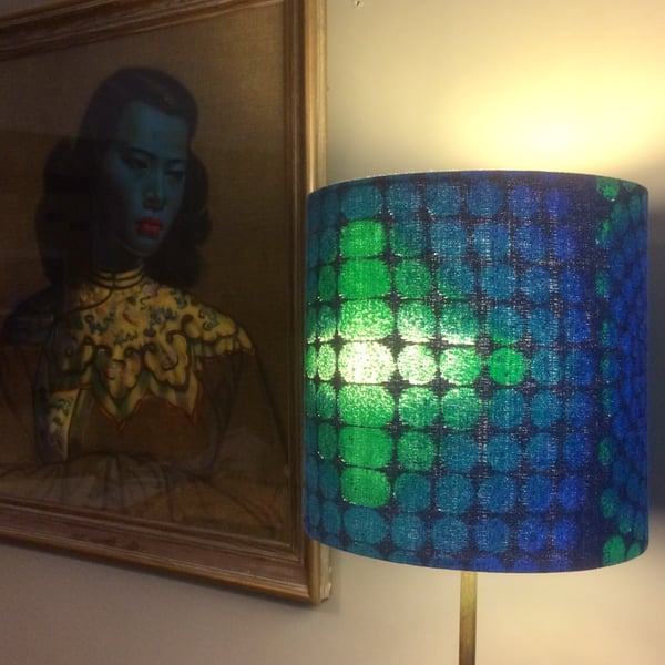 OP ART blue green MOD dot 60s 70s Vintage Fabric Lampshade option  