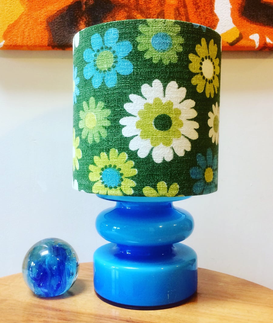 GREEN Blue Daisy Flower Power Vintage 60s 70s Barkcloth Fabric Lampshade option 