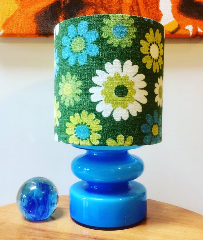 GREEN Blue Daisy Flower Power Vintage 60s 70s Barkcloth Fabric Lampshade option 