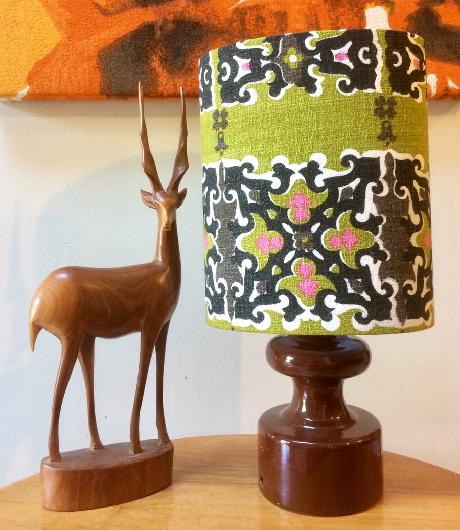 RETRO 60s  Black Lime PINK VIntage BARKCLOTH Fabric Lampshade LOW on stock