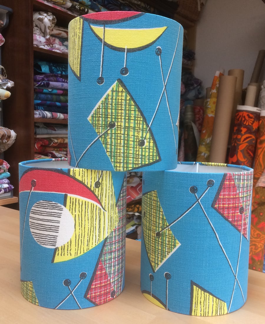  50s Blue ATOMIC Geometric MID CENTURY Barkcloth  vintage Fabric Lampshade