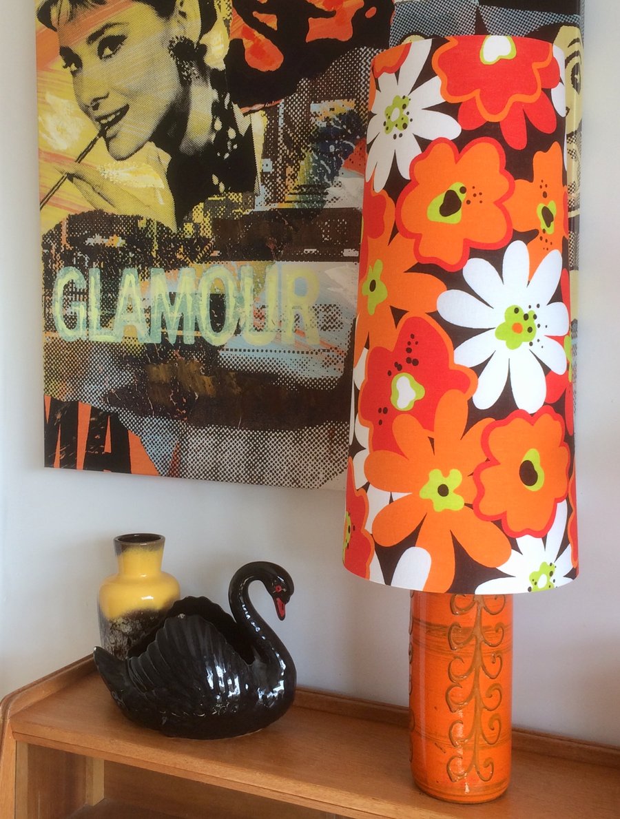 INTENSE ORANGE Flower Power  60s 70s Floral vintage fabric Lampshade option