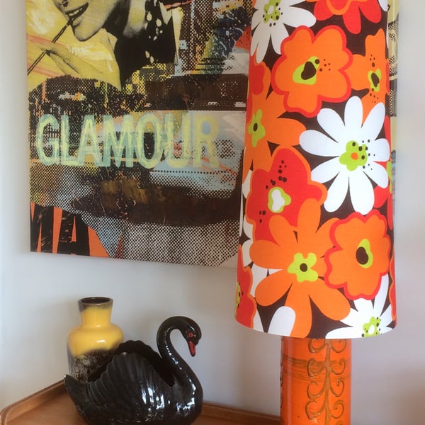 INTENSE ORANGE Flower Power  60s 70s Floral vintage fabric Lampshade option