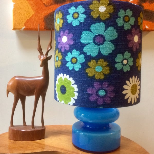 WOW Blue Purple Daisy Floral VIntage 60s 70s Barkcloth Fabric Lampshade