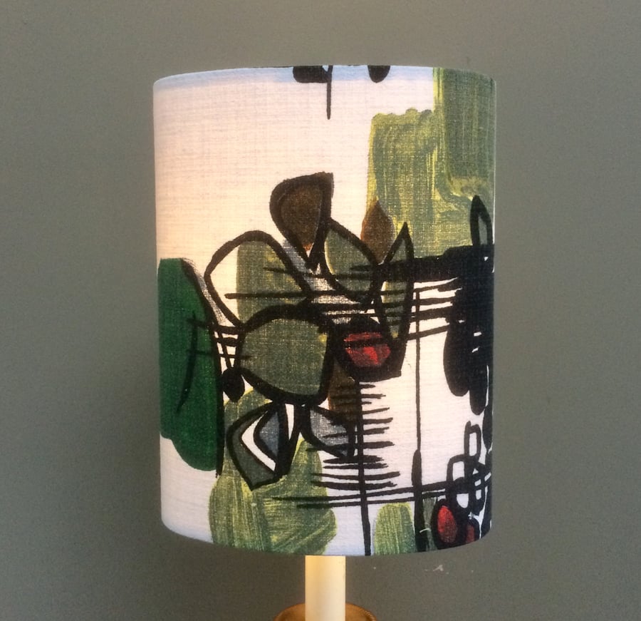 Abstract Green White Black 50s 60s MidCentury Barkcloth Vintage Fabric Lampshade