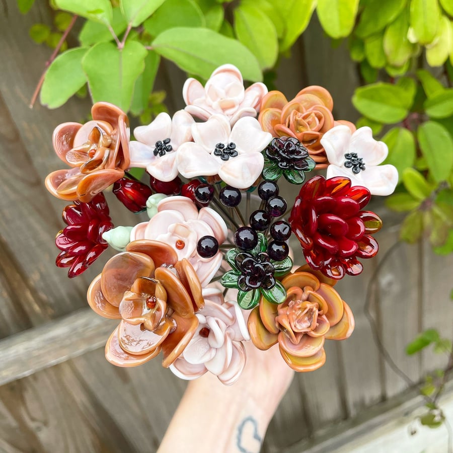 Dusky Autumnal Bouquet with Clear Glass Vase - Glass Flower Bouquet - Handcrafte