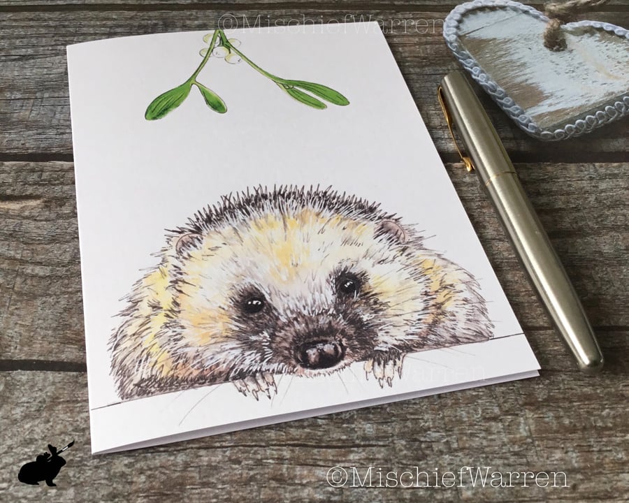 Hedgehog Christmas Card. Hedgehog handmade Christmas card.