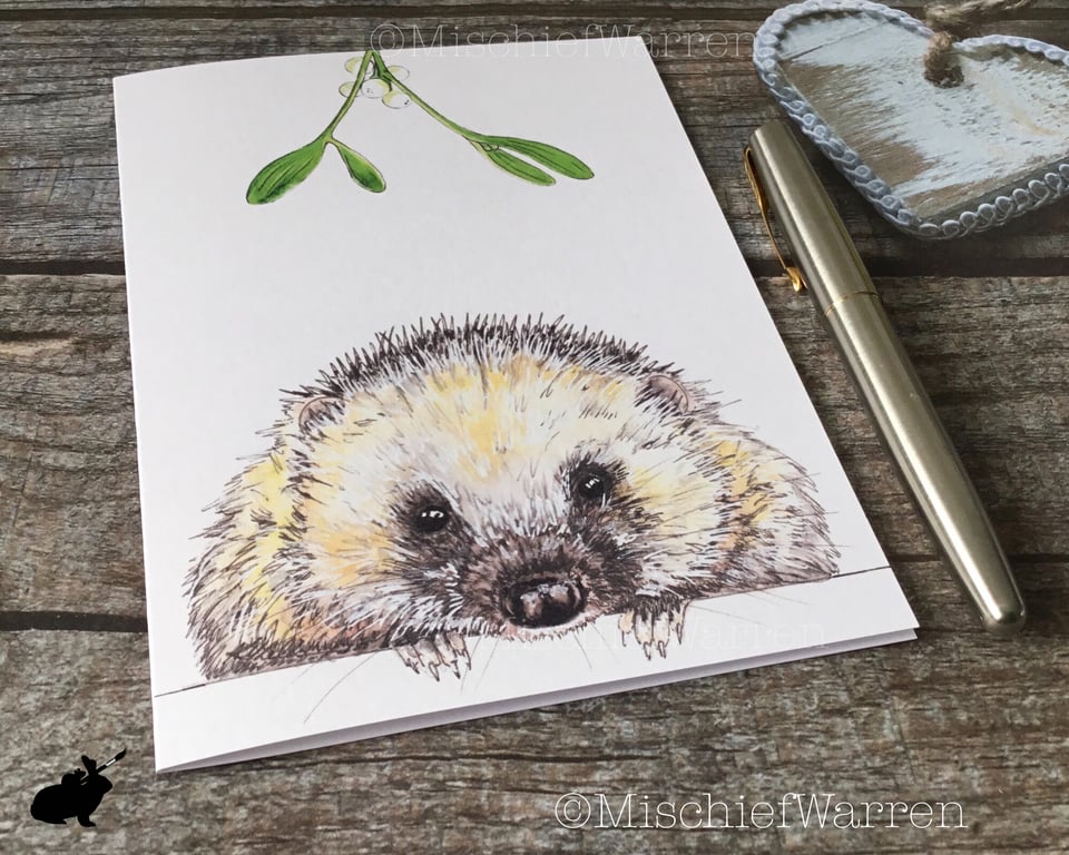 Hedgehog Christmas Card. Hedgehog handmade Christmas card.