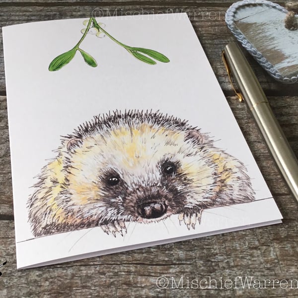 Hedgehog Christmas Card. Hedgehog handmade Christmas card.