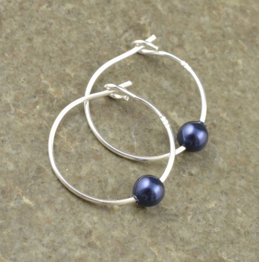 4mm Dark Night Blue Swarovski Crystal Pearl 15mm Sterling Silver Hoop Earrings