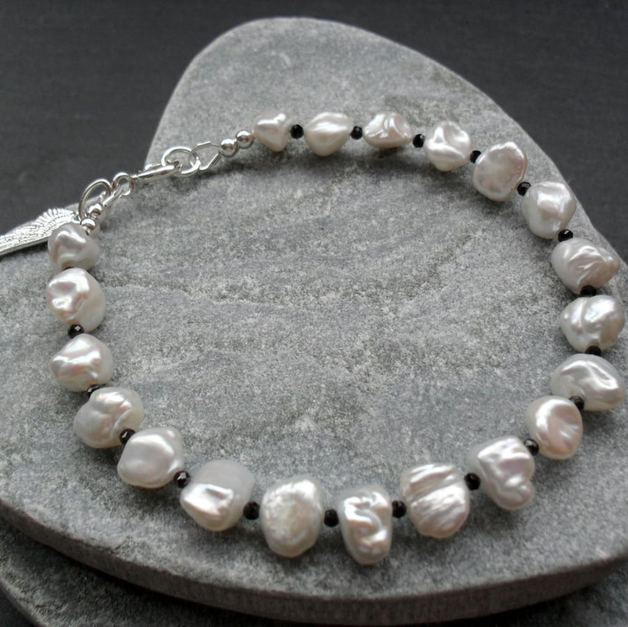 Keshi Pearl and Black Spinel Bracelet Sterling Silver Pearl Bracelet