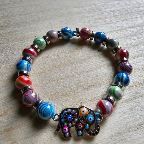 Elephant charm colourful beaded bracelet - Multi-coloured elasticated bracelet