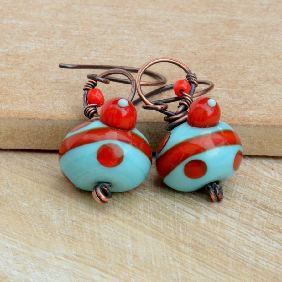 Red & Blue Lampwork Bird and Copper Earrings