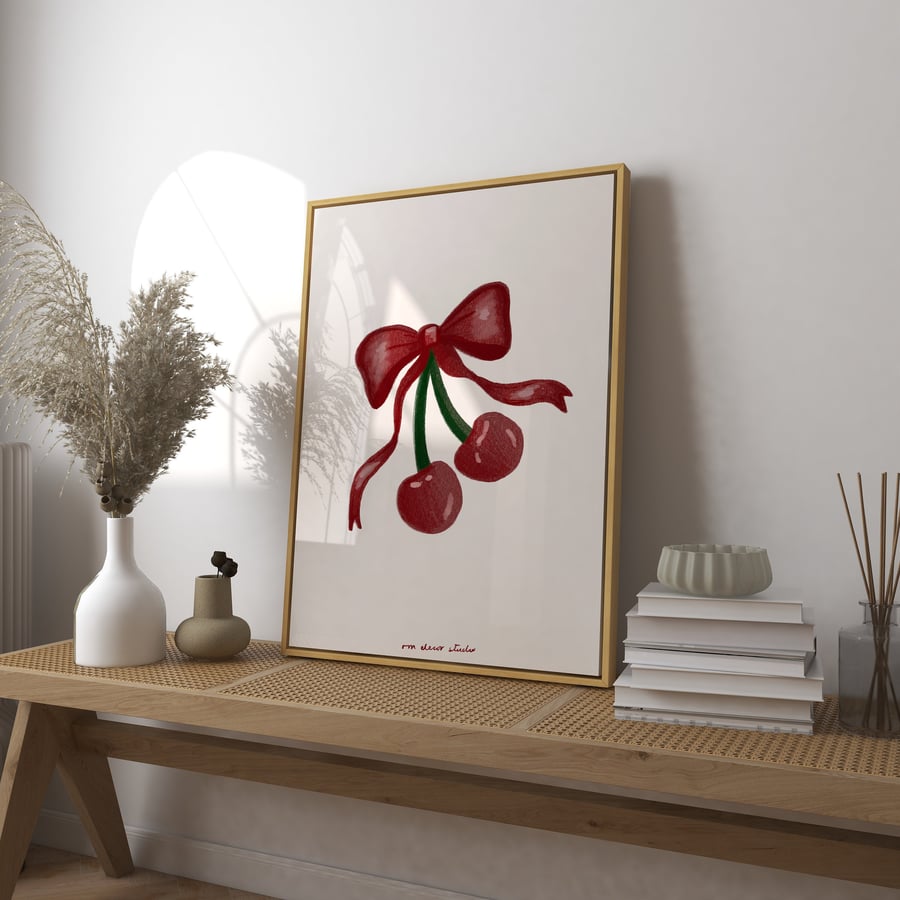 Cherries and Bow Art Print Poster