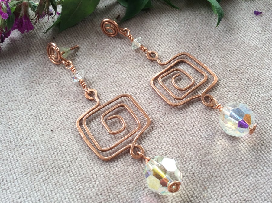 Greek Key Vintage Style Copper Earrings 