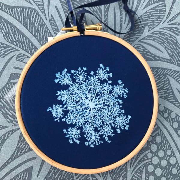  Botanical Art, Pretty Cyanotype in an Embroidery Hoop.