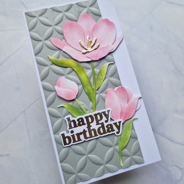 Pink mini slimline tulip birthday card