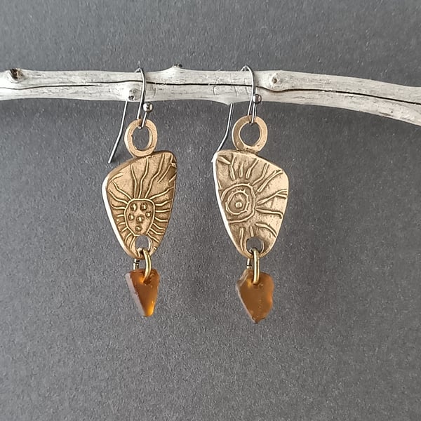 Bronze and seaglass earrings, unique earrings, recycled material