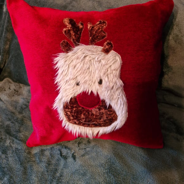 Christmas Red cushion with Reindeer applique