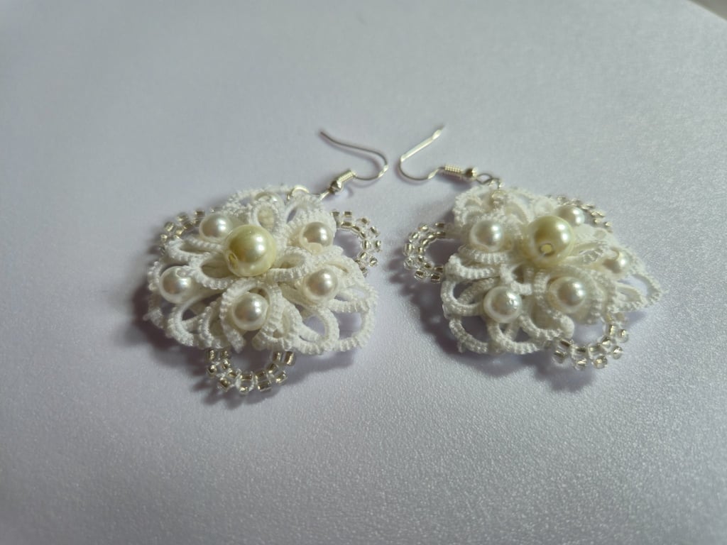 Handmade White Lace Pearl Earrings – Bridal Tatting Jewellery