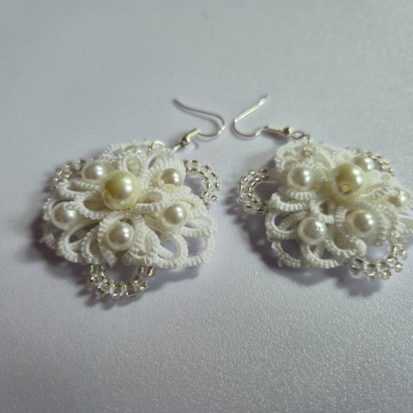 Handmade White Lace Pearl Earrings – Bridal Tatting Jewellery