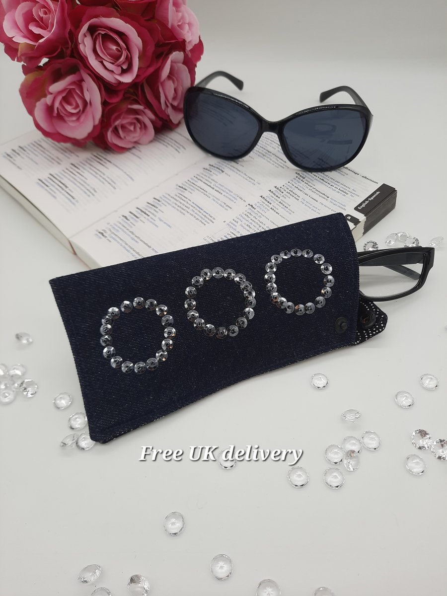 Glasses case denim sequin circles popper fastening. 