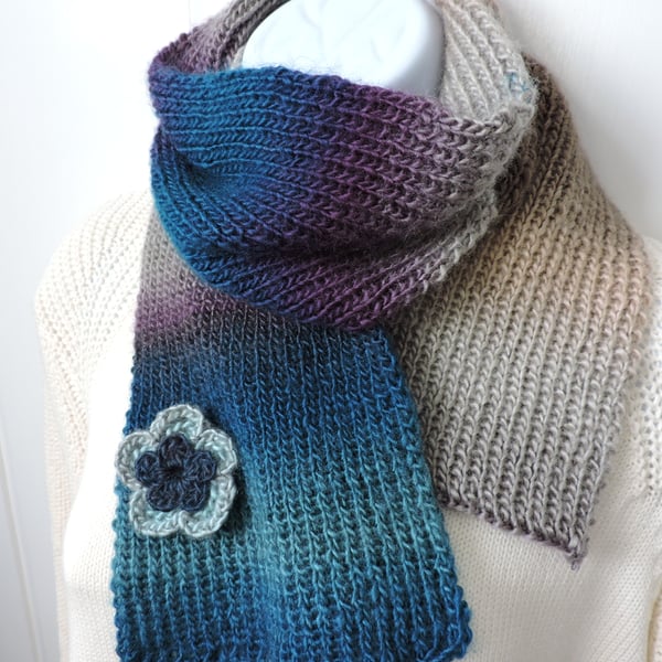  Knitted Scarf  Sapphire Teal Purple Grey Taupe