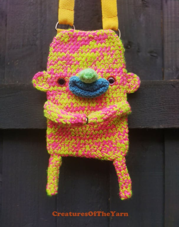 Crocheted, dopamine, small crossbody bag creature, unique colors and design