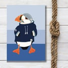 Puffin blank card Puffin in Explorers Smock
