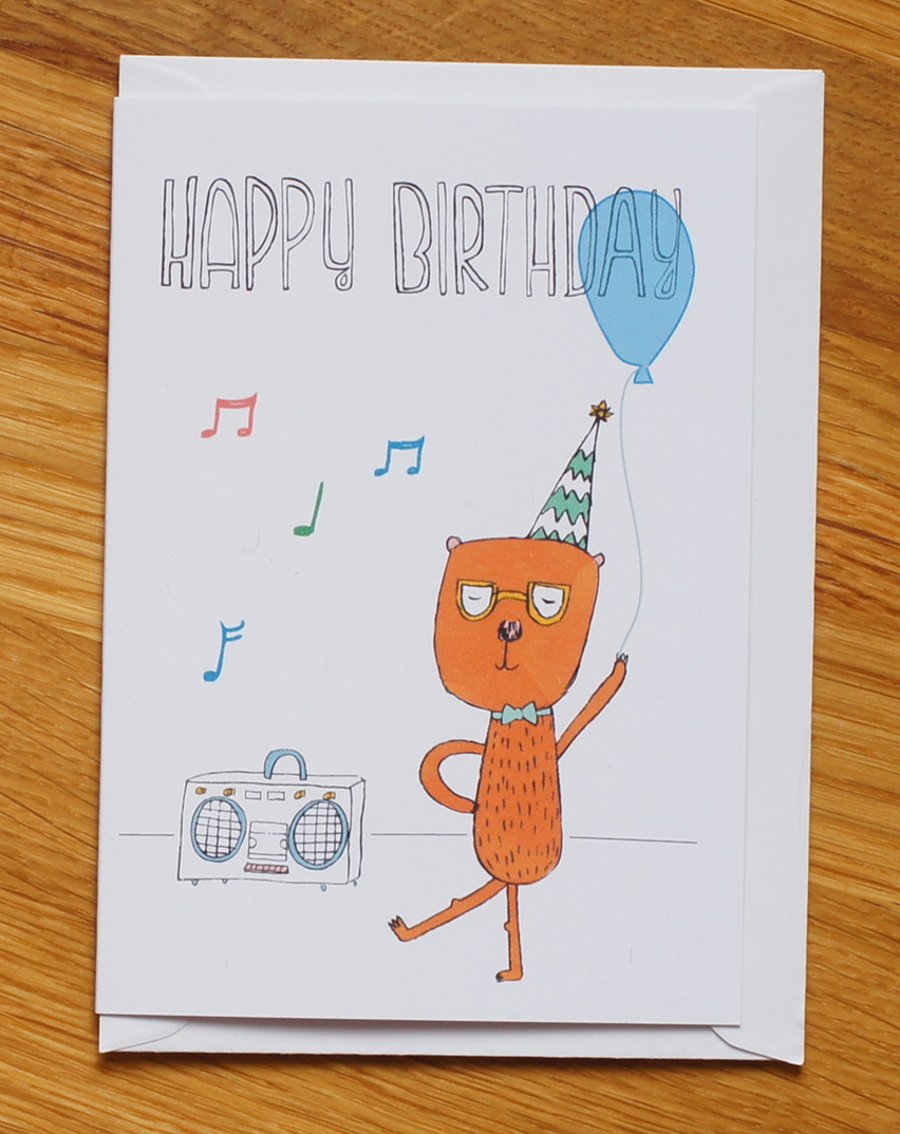 musical dancing bear with balloon, happy birthday card