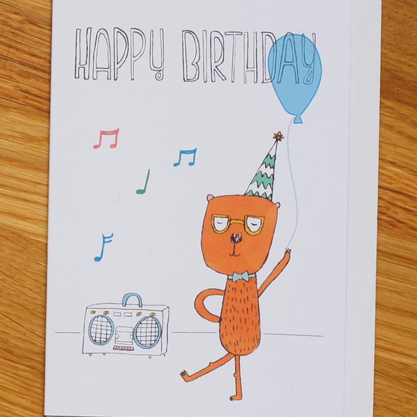 musical dancing bear with balloon, happy birthday card