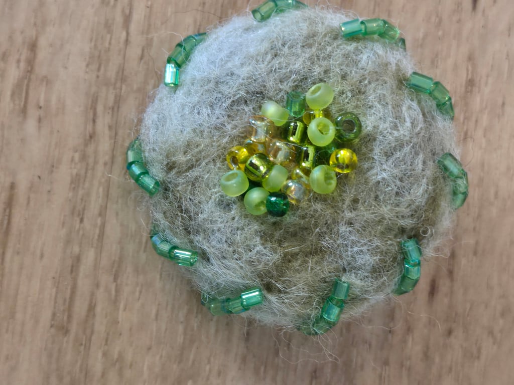 Needle felted brooch, seed bead brooch, flower brooch