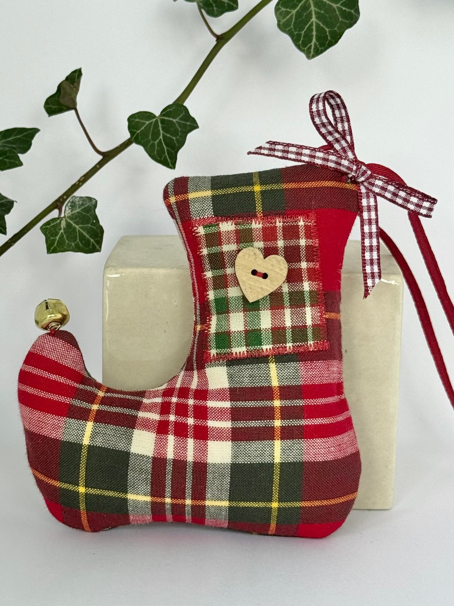 RED & GREEN TARTAN CHRISTMAS ELF STOCKING DECORATION