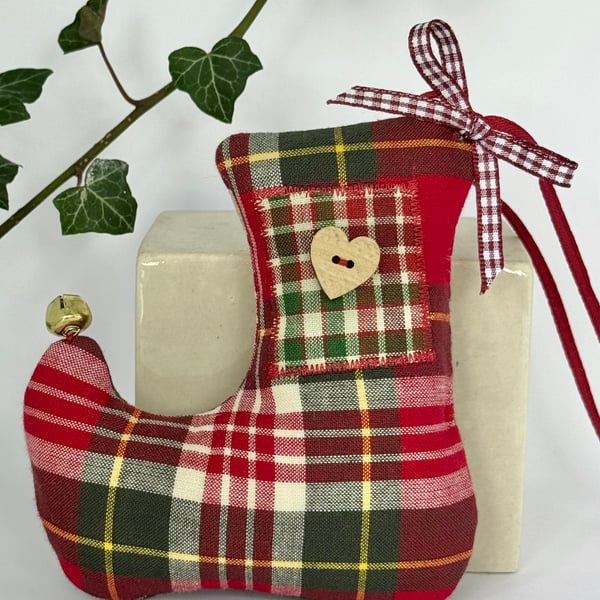 RED & GREEN TARTAN CHRISTMAS ELF STOCKING DECORATION