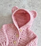 Pink Newborn Crochet Teddy Bear Cardigan with Hood – Handmade Gift - Image 3