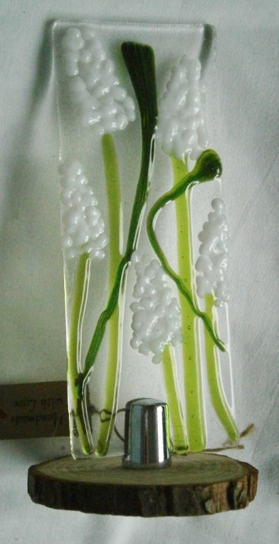 Fused glass Worry Poppet-Suncatcher with White Grape Hyacinths