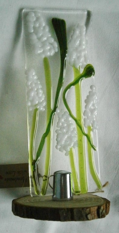 Fused glass Worry Poppet-Suncatcher with White Grape Hyacinths