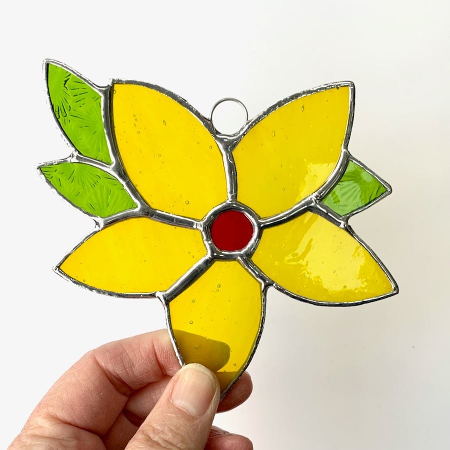 Stained Glass Flower Suncatcher - Handmade Window Decoration - Yellow