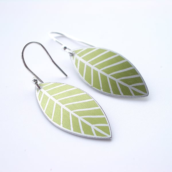 Olive green leaf oval earrings