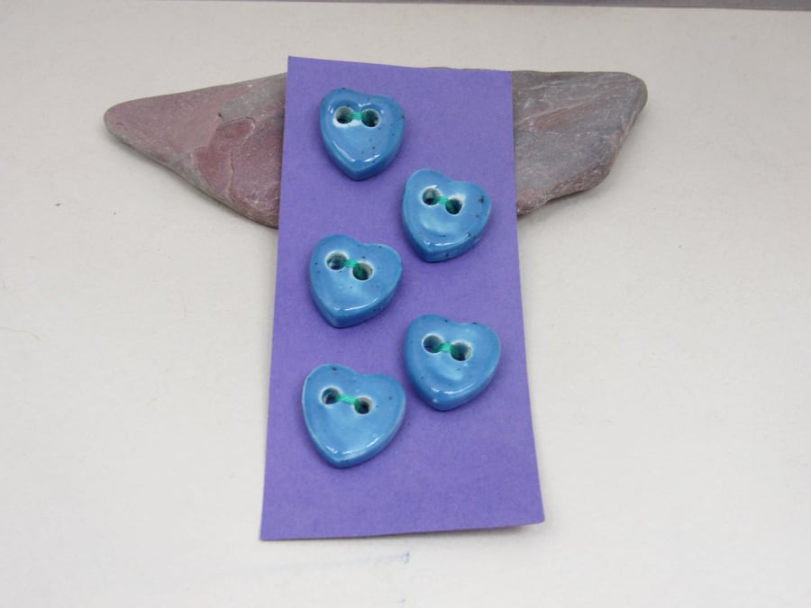 5 Small Heart Shaped Cornflower Blue Ceramic Buttons