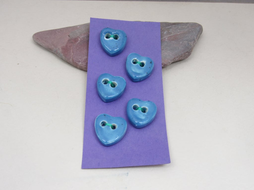 5 Small Heart Shaped Cornflower Blue Ceramic Buttons