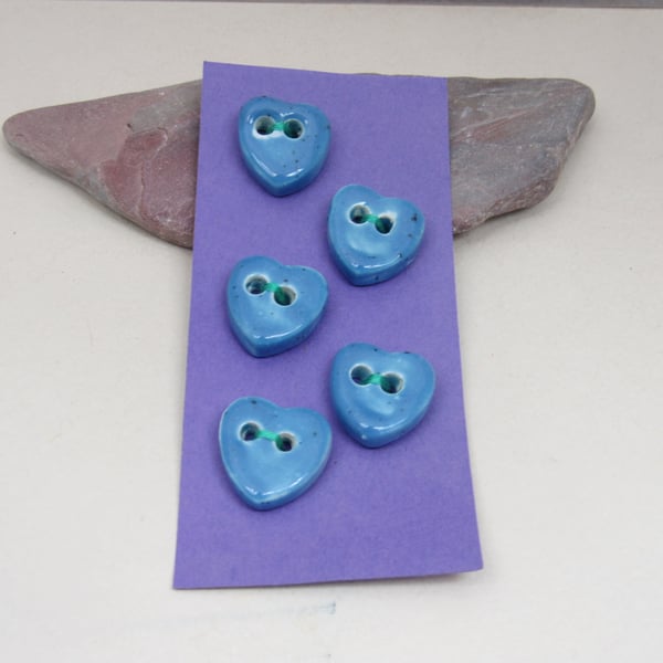 5 Small Heart Shaped Cornflower Blue Ceramic Buttons