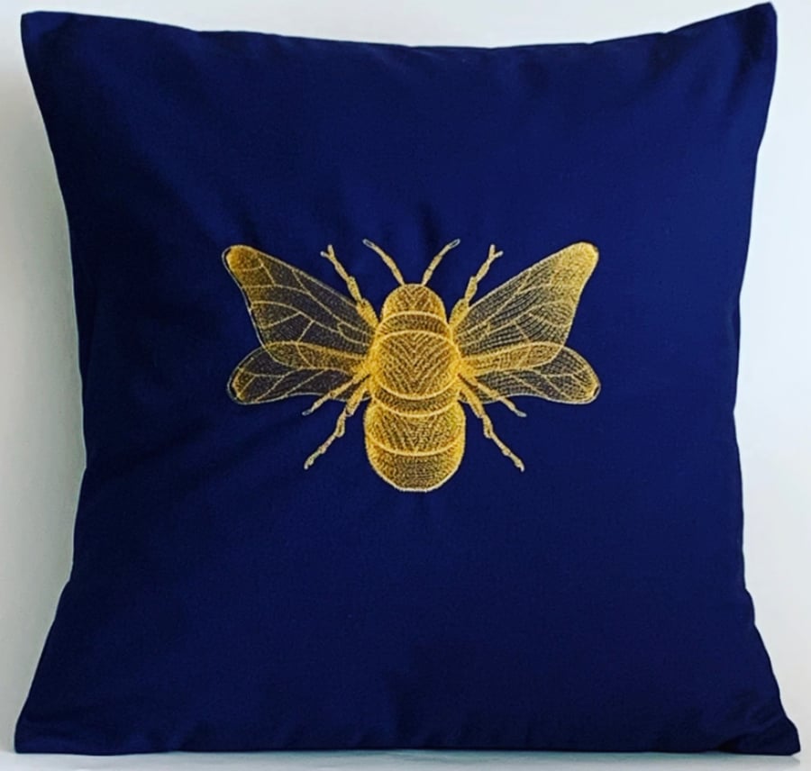 Ornate Gold Bee Embroidered Cushion Cover NAVY 