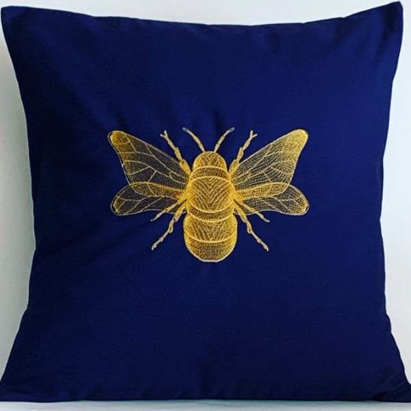 Ornate Gold Bee Embroidered Cushion Cover NAVY 