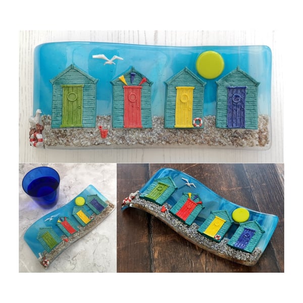 Handmade Fused Glass 3D Beach Huts - Free Standing Curved Picture - Suncatcher 