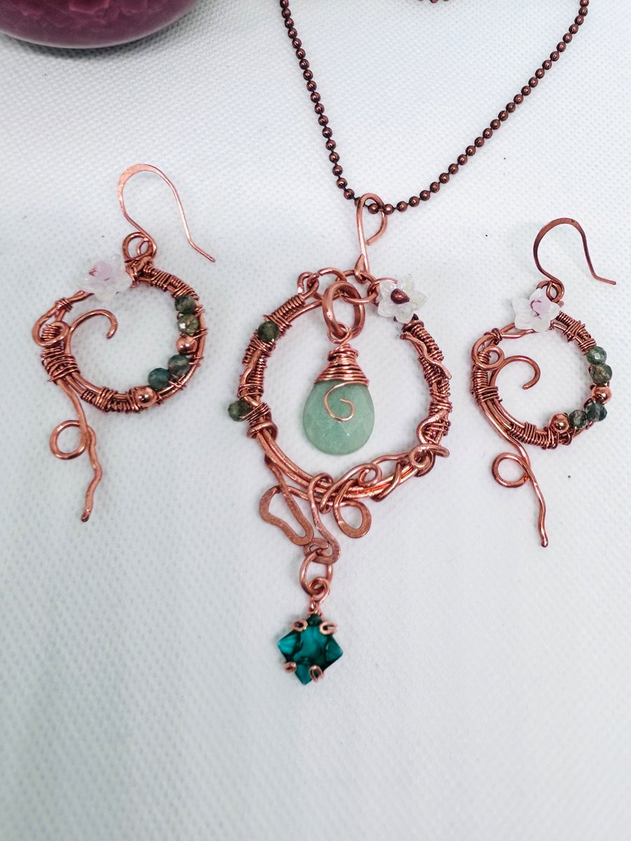 Solid Copper Statement Necklace and Earrings Set - Peridot & Amazonite Crystals