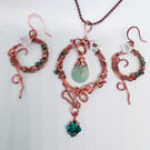 Solid Copper Statement Necklace and Earrings Set - Peridot & Amazonite Crystals