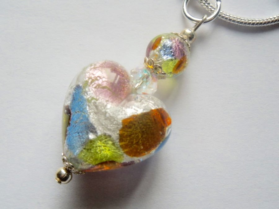 Silver Murano glass heart pendant with Swarovski crystal and sterling silver.